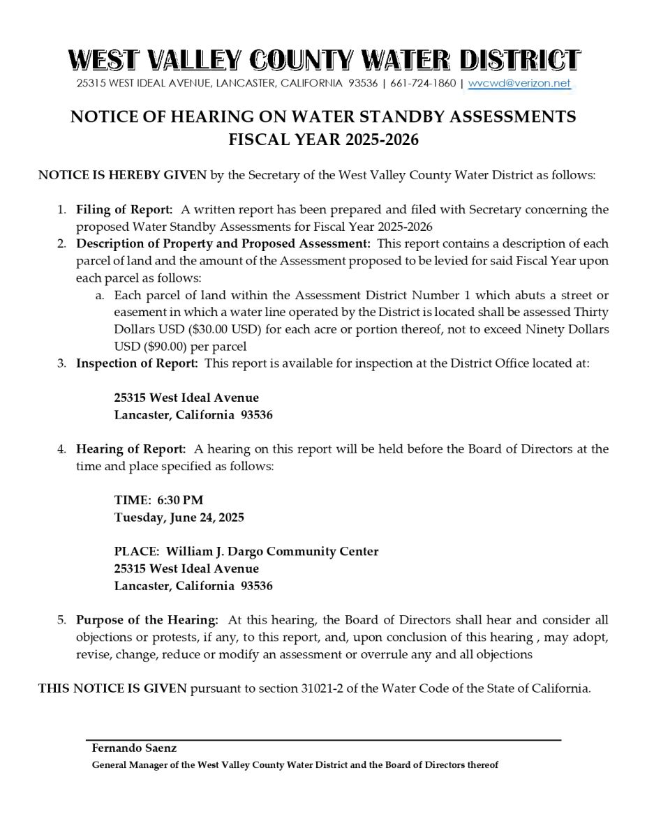 Notice of Hearing on Water Standby Assessments