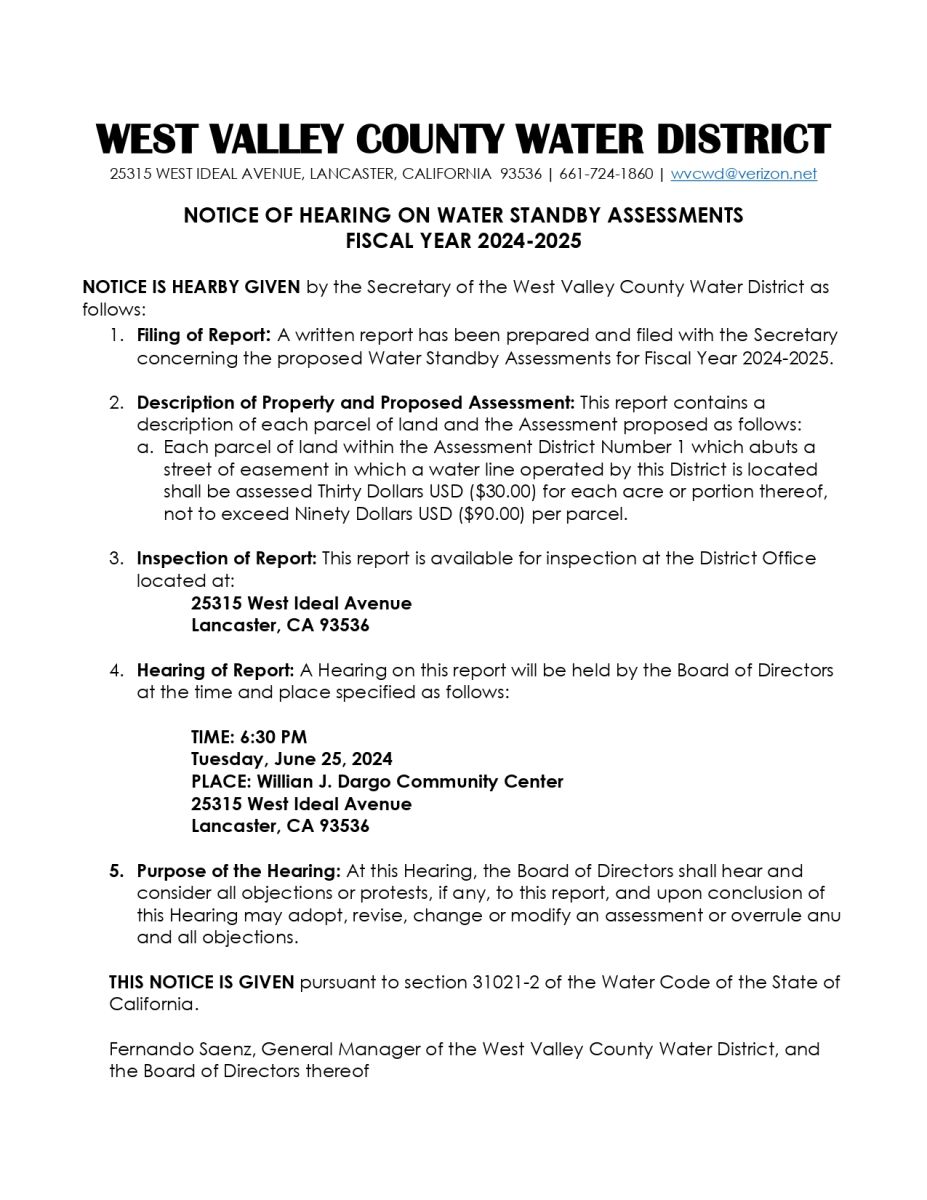 Notice of Hearing on Water Standby Assessments